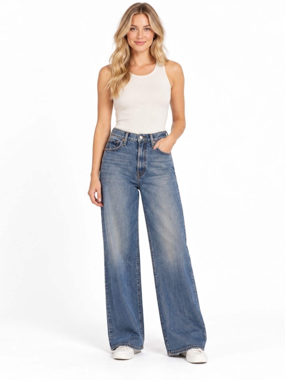 MOTHER High-Rise Wide Leg Jeans in Medium Blue 28